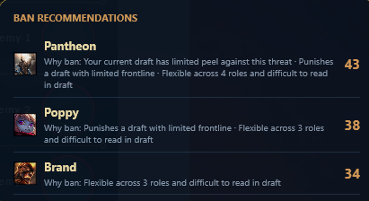 Ban recommendations listing three champions, each with the threat reason and a numeric weight.