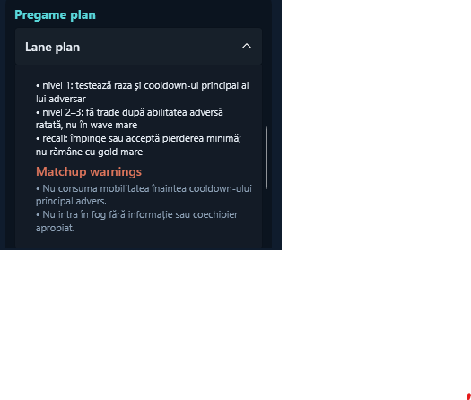 A pre-game panel showing a lane plan broken down by level, followed by a list of matchup warnings.