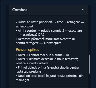 An in-game panel listing trade, all-in and defensive combos alongside power spikes by level and item.